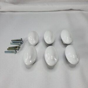 Vintage 6 White Ceramic Oval Drawer Knobs Cabinet Doorknobs With Screws READ